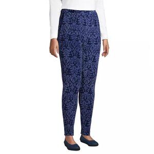 Lands' End Leggings Womens M Blue Floral Stretch Pull On Chenille Corduroy Pants